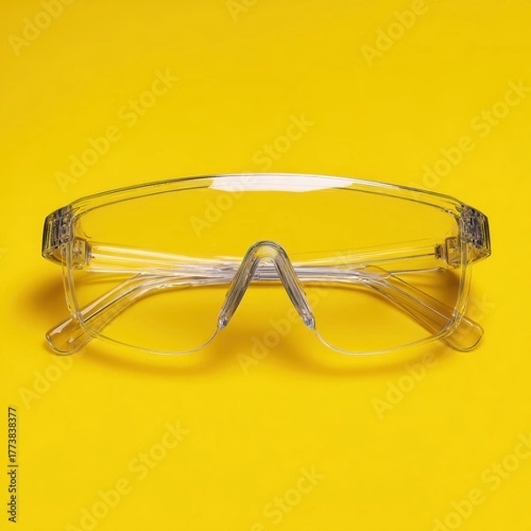 Fototapeta Clear safety goggles resting on a vibrant yellow background, designed for protection during various activities.