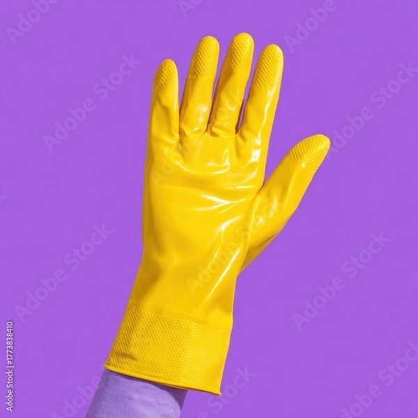 Fototapeta A vibrant yellow rubber glove against a purple background, showcasing its texture and color for cleaning or protective purposes.