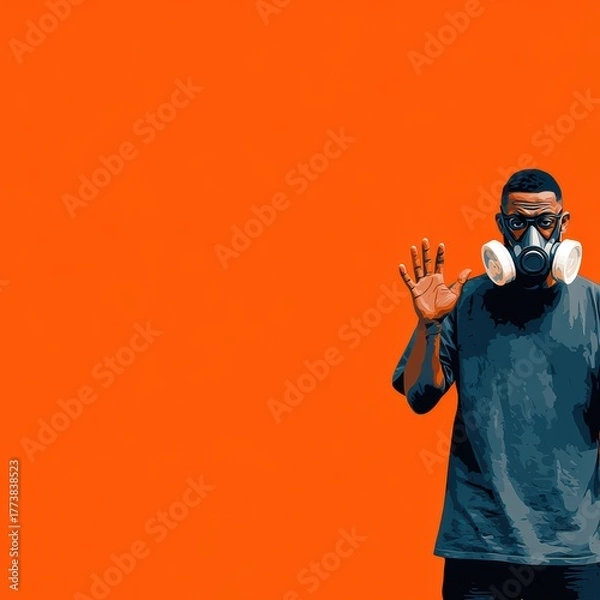 Fototapeta A man wearing a gas mask stands against a bright orange background, signaling a message of caution or awareness.