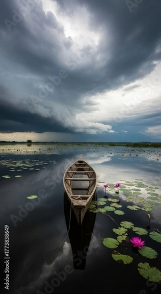 Fototapeta Serene Wooden Boat on Calm Water with Water Lilies Under Dramatic Cloudy Sky