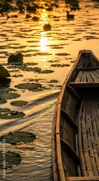 Fototapeta Wooden Boat Sailing on Calm Water with Lily Pads at Sunset