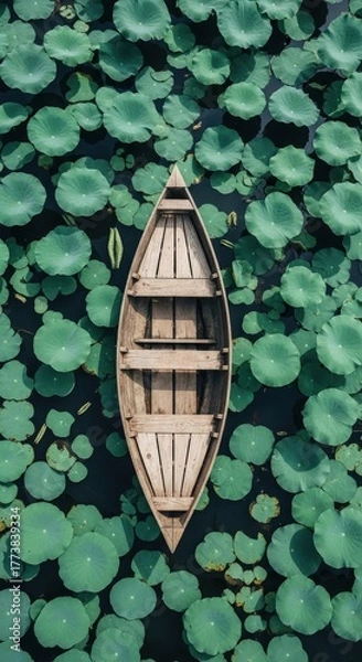 Fototapeta Wooden Boat Floating on Green Water Lilies in Calm Pond