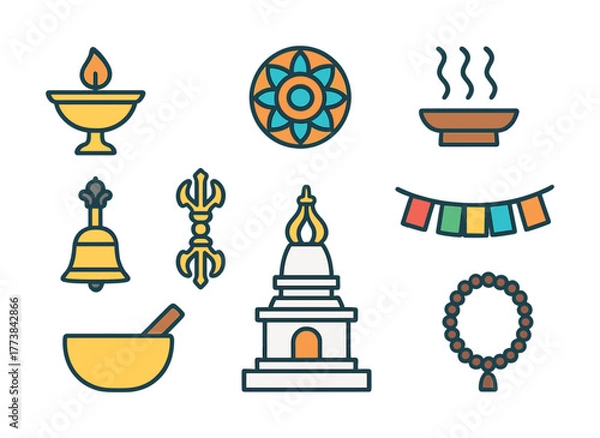 Fototapeta Vector Buddhist symbols: vajra, prayer flags, oil lamp, temple, bell, offering bowl, rosary beads
