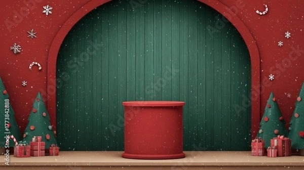 Fototapeta Festive christmas scene with a red podium in front of a green wooden door surrounded by decorated trees and gifts