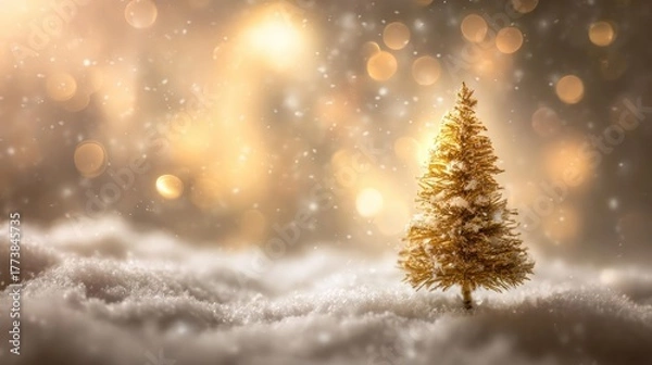 Fototapeta Magical golden christmas tree stands alone in soft fluffy snow with warm bokeh lights in the background