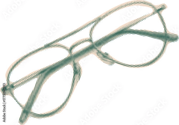 Fototapeta Minimalist Retro Glasses illustration with Halftone Texture, Beige-Green color palette and surreal Business Collage vibe, perfect for creative branding.