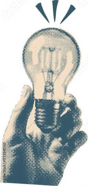 Fototapeta Retro Hand holding Lightbulb in Halftone Texture, symbolizing Creative Business Idea and Innovation in blue-beige minimalist vintage style.
