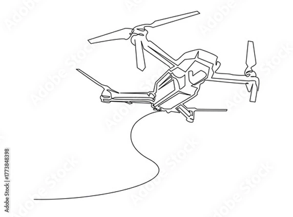 Fototapeta Flying Drone outline draw illustration. Continuous line art drawing of Drone Flying in the Sky. Editable stroke.
