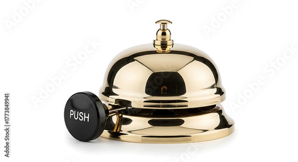 Obraz Shiny gold service bell with a black push button isolated on a white background for hospitality