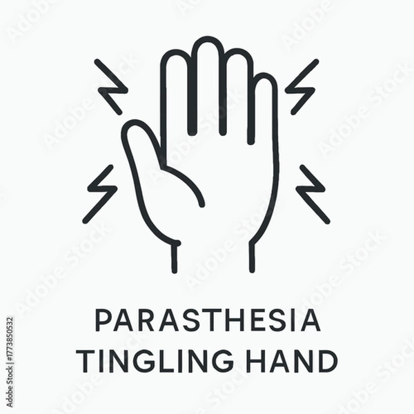 Fototapeta A clear line icon illustrates the medical symptom of paresthesia, depicting a hand with tingling, numbness, or 'pins and needles' sensation, indicating nerve issues.