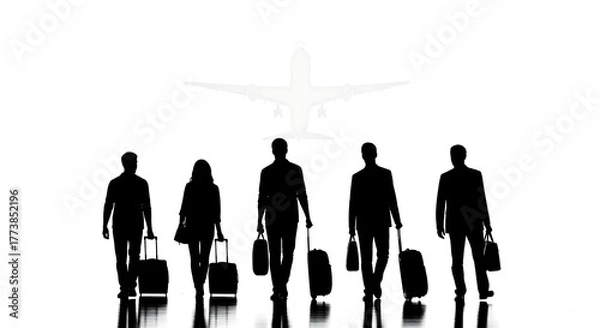 Fototapeta A group of five diverse individuals, depicted as stark black silhouettes, stand with their luggage. 