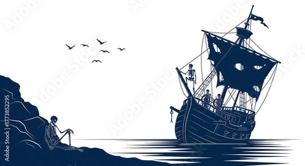 Fototapeta Abstract dark Ghost Ship Silhouette Art – Birds and Skeleton Crew