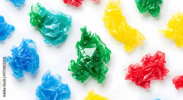 Fototapeta Colorful Recycled Plastic Shreds on White Background