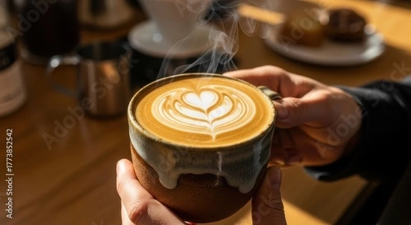 Obraz Close-up of a steaming cappuccino with latte art held in hands perfect for a coffee shop menu or blog post