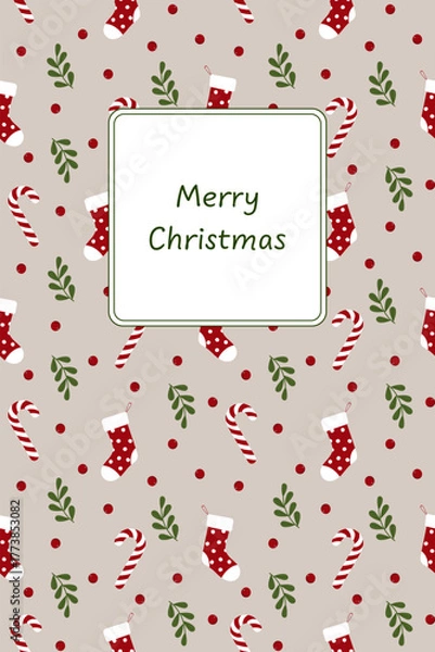 Fototapeta Merry Christmas - Schriftzug in englischer Sprache - Frohe Weihnachten. Grußkarte mit Weihnachtsstrümpfen, Zuckerstangen, Zweigen und roten Beeren.