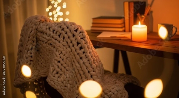 Obraz Cozy home office scene with a lit candle warm lighting and a knitted blanket draped over a chair creating a relaxing atmosphere