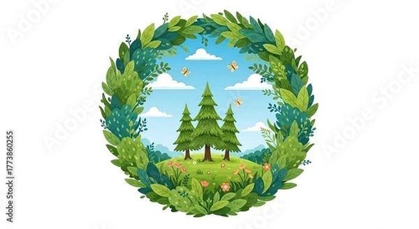 Fototapeta Enchanting Forest Scene with Evergreen Trees and Butterflies