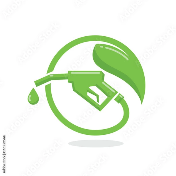 Fototapeta Green fuel logo showing eco friendly gasoline nozzle with leaf and droplet symbolizing sustainable and clean energy concept.