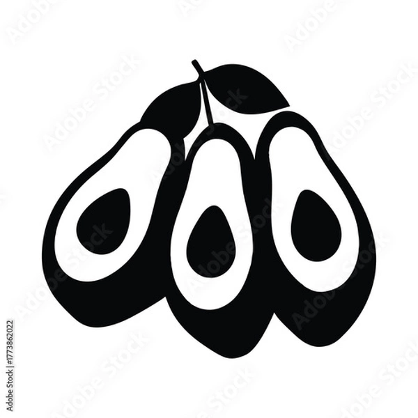 Fototapeta Stylized black and white graphic of three avocados with leaves fruit food