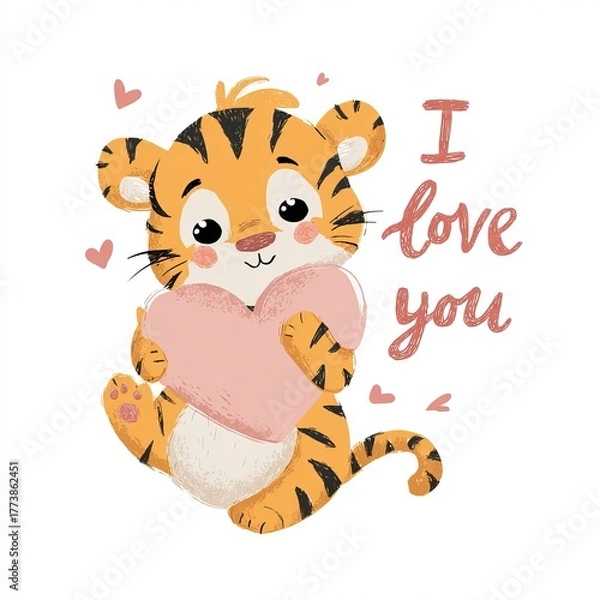 Obraz An adorable tiger holding a pink heart with the words I love you. The image is a heartwarming illustration