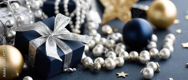 Obraz Two elegantly wrapped gifts sit on a soft light blue surface, adorned with stylish blue ribbons and white snowflakes