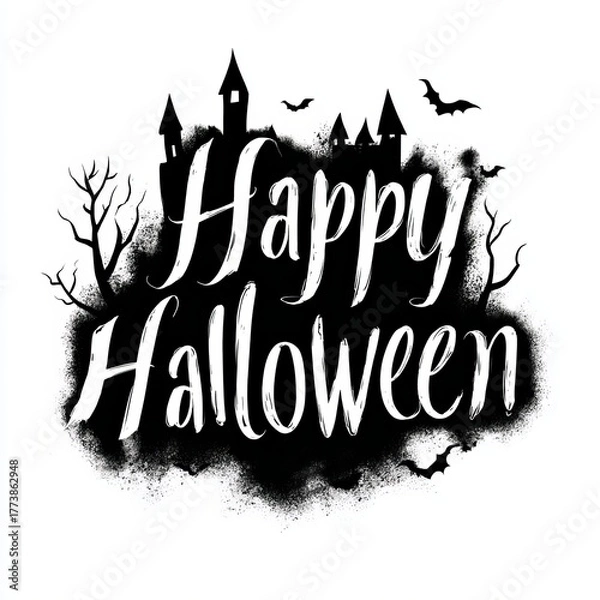 Fototapeta A spooky Happy Halloween greeting with a haunted castle and bats, perfect for a festive season