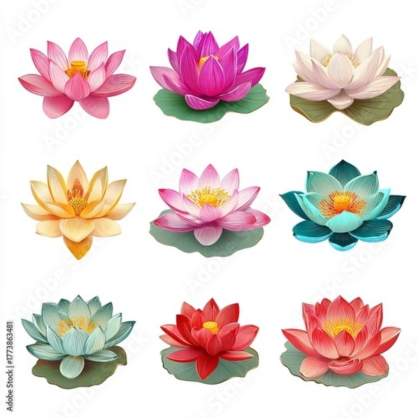 Fototapeta Vibrant collection of colorful lotus flowers floating on water