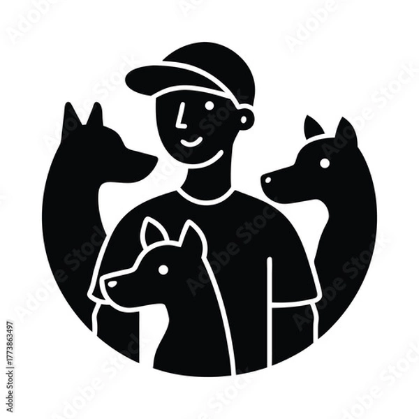 Obraz Black and white cartoon illustration of a man with three dogs vector