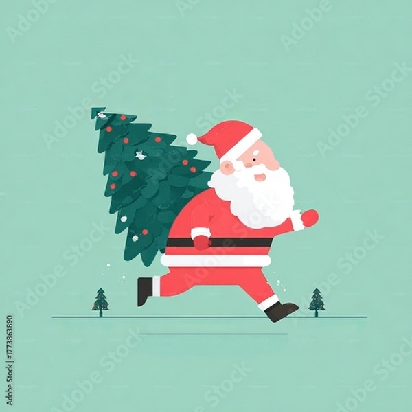 Fototapeta Santa Claus, Running with a Christmas Tree