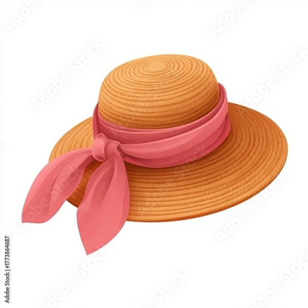 Fototapeta A beautiful straw hat with a stylish pink ribbon, perfect for summer days. The hat is made from woven straw with a wide brim and a cute bow.