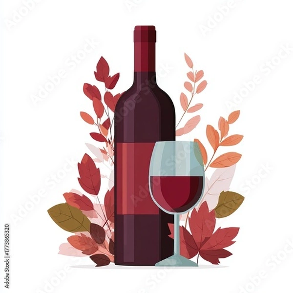 Fototapeta A bottle and a glass of red wine, surrounded by autumnal leaves. A sophisticated illustration depicting the rich colors and flavors of the drink. 