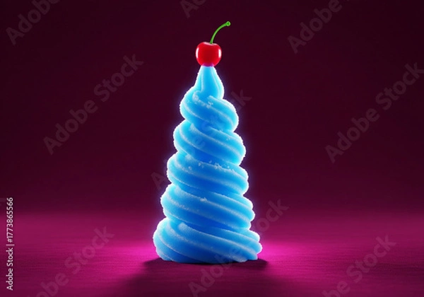 Fototapeta Glowing Blue Soft-Serve Swirl with Cherry on Magenta Background