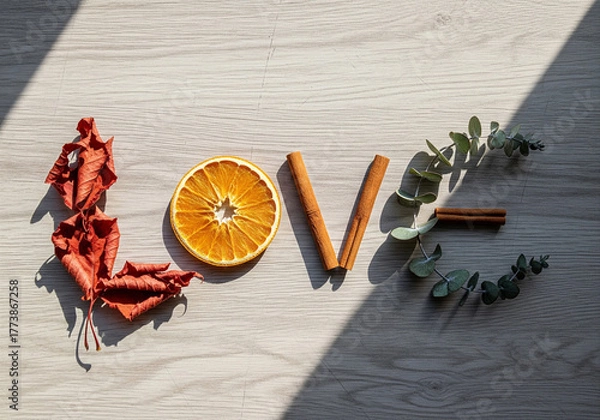 Fototapeta LOVE Spelled with Natural Elements on Sunlit Wooden Surface