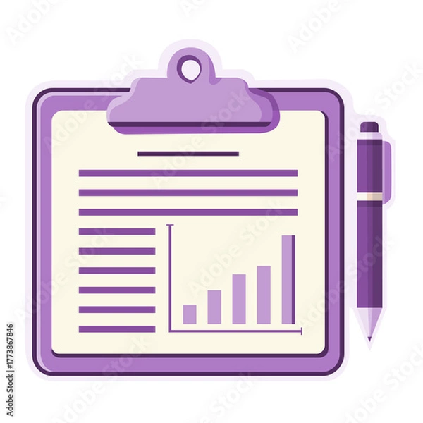 Fototapeta Flat Clipboard Report Icon with Bar Chart and Pen