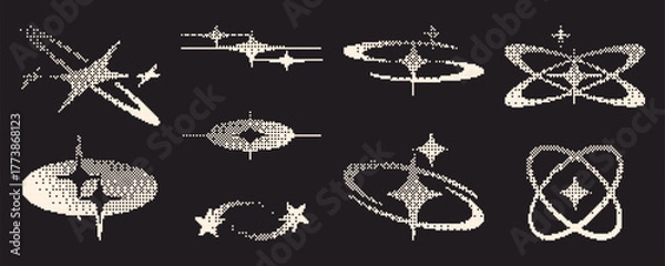 Fototapeta Y2k style pixel star icon set with sparkle elements and halftone gradients on dark background. Retro digital graphics - orbiting stars, decorative bursts and abstract shapes for nostalgic web design.