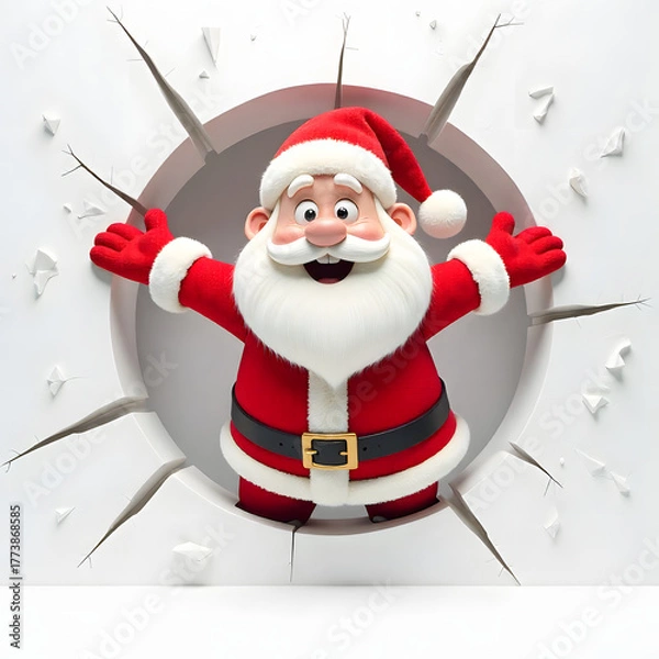 Obraz Santa Claus bursting through wall with joyful holiday cheer and smiles