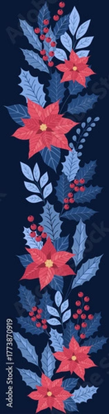 Fototapeta Winter flower arrangement. Christmas border patterned with poinsettia, holly, winter berry and foliage.