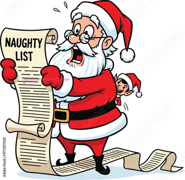 Fototapeta Funny Santa Claus reading naughty list with shocked expression, Christmas elf peeking behind, holiday cartoon illustration, festive humor concept
