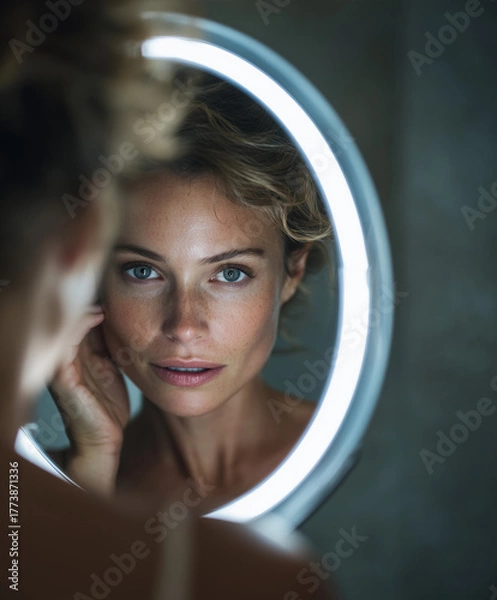 Obraz woman looks in a smart mirror, a mirror that helps with makeup and skin care, a mirror from the future,