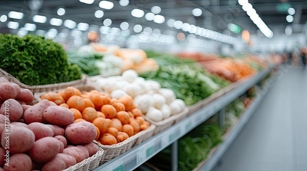 Fototapeta Fresh Produce Display in Supermarket Aisle With Bright Lighting Showcasing Potatoes Carrots Onions And Leafy Greens