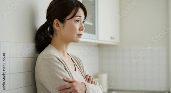 Obraz キッチンで腕を組み物思いにふける中年の女性