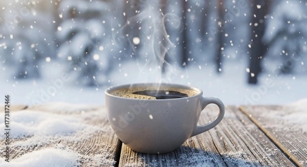 Obraz Hot coffee cup on a snowy wooden table in winter forest scenery with snowfall