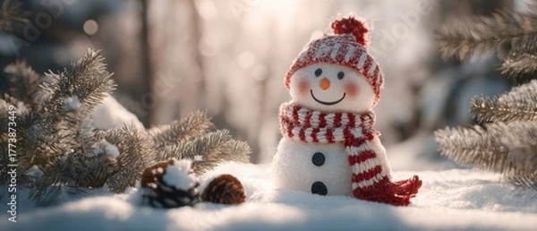 Fototapeta The Snowman Wearing a Red Knit Hat and Scarf in a Snowy Forest