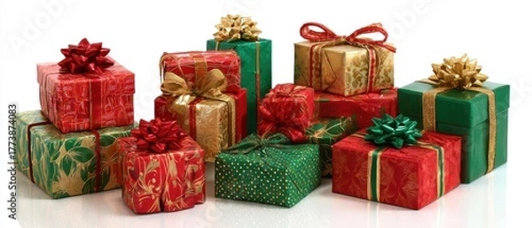 Fototapeta The gift boxes wrapped in red green and gold with decorative bows and ribbons