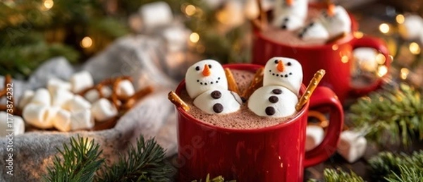 Fototapeta The Hot Chocolate Mugs with Marshmallow Snowmen, Festive Lights, Pine and Cozy Decor