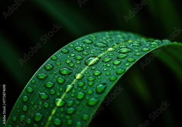 Fototapeta Glistening water droplets cling to a verdant leaf surface after a gentle shower, reflecting ambient light beautifully. Nature's refresh ,plant ,pristine ,weather