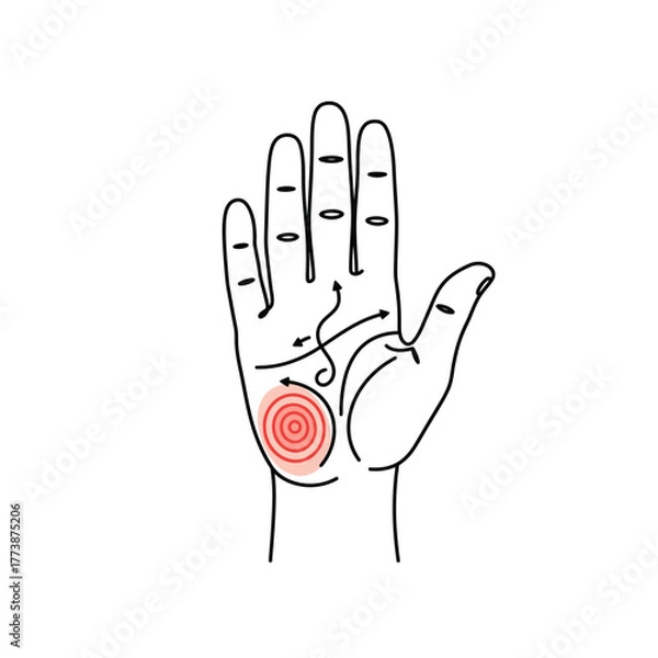 Obraz A minimalist line art illustration of an open human palm with intricate palmistry lines, highlighting a red target symbol, representing destiny or a specific focal point.