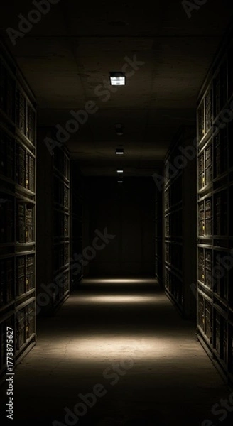 Obraz Gloomy underground space with limited light, casting long shadows. An atmospheric, unsettling environment suggesting forgotten storage or mystery ,neglected ,solitude ,building