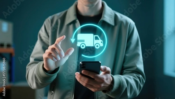 Fototapeta A man using a smartphone with floating van icon symbolizing fast parcel updates, last mile delivery synchronization, warehouse and inventory integration