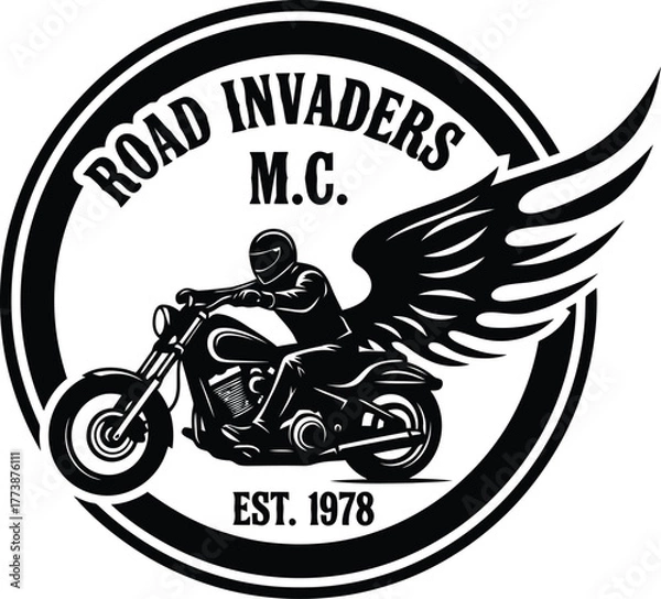 Fototapeta Dynamic motorcycle club emblem featuring a determined rider in bold colors perfect for apparel and branding